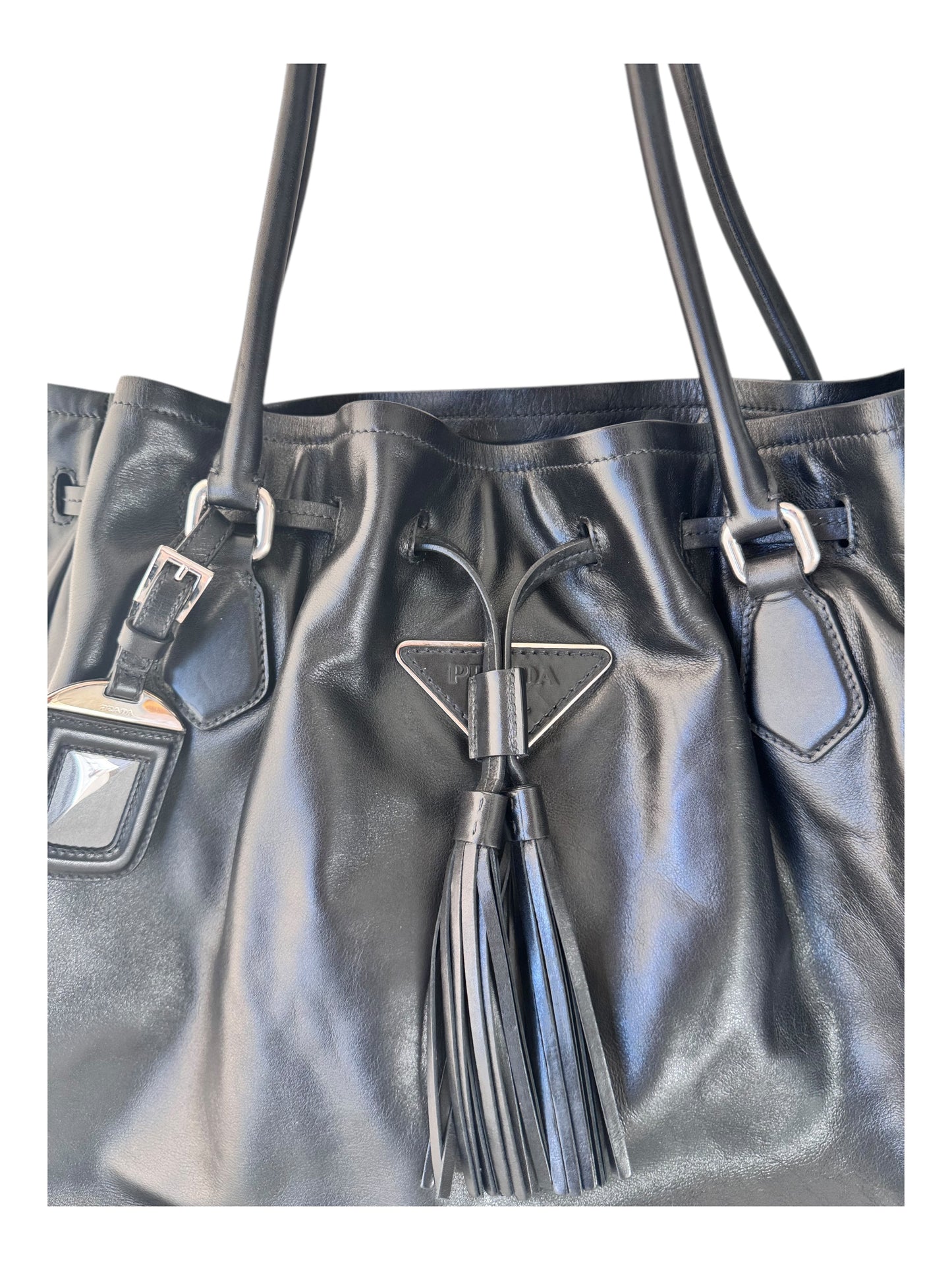 Prada Drawstring Tassel Leather Tote (Black)