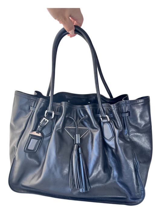 Prada Drawstring Tassel Leather Tote (Black)